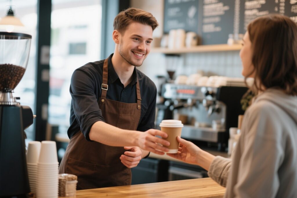 Barista handing coffee to a customer, showing how staff benefit from service charge