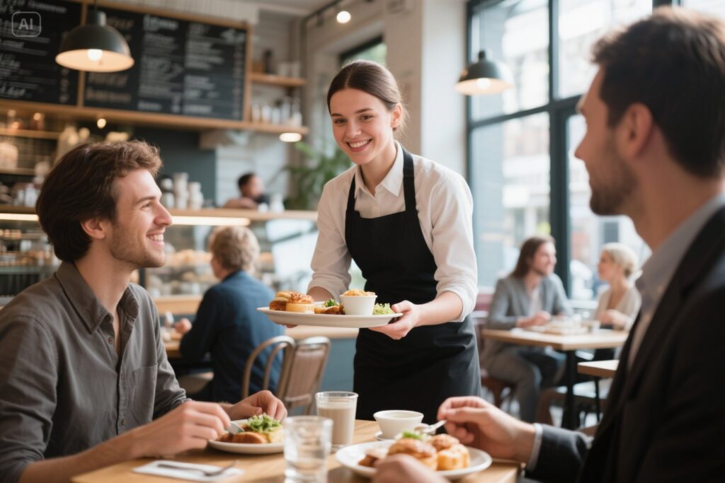 Waitstaff delivering meals in a busy cafe, reflecting service charge impact on customers