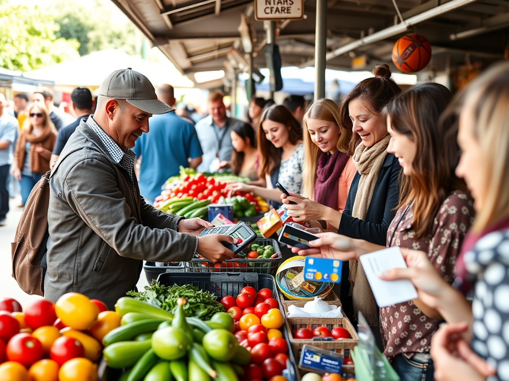 Square Reader taking contactless payment at a busy outdoor market stall