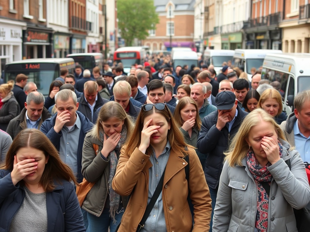 Busy UK street scene during a 100 day cough outbreak