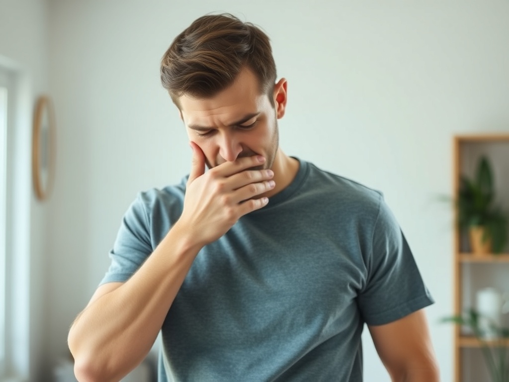 Realistic image of a person coughing into their elbow