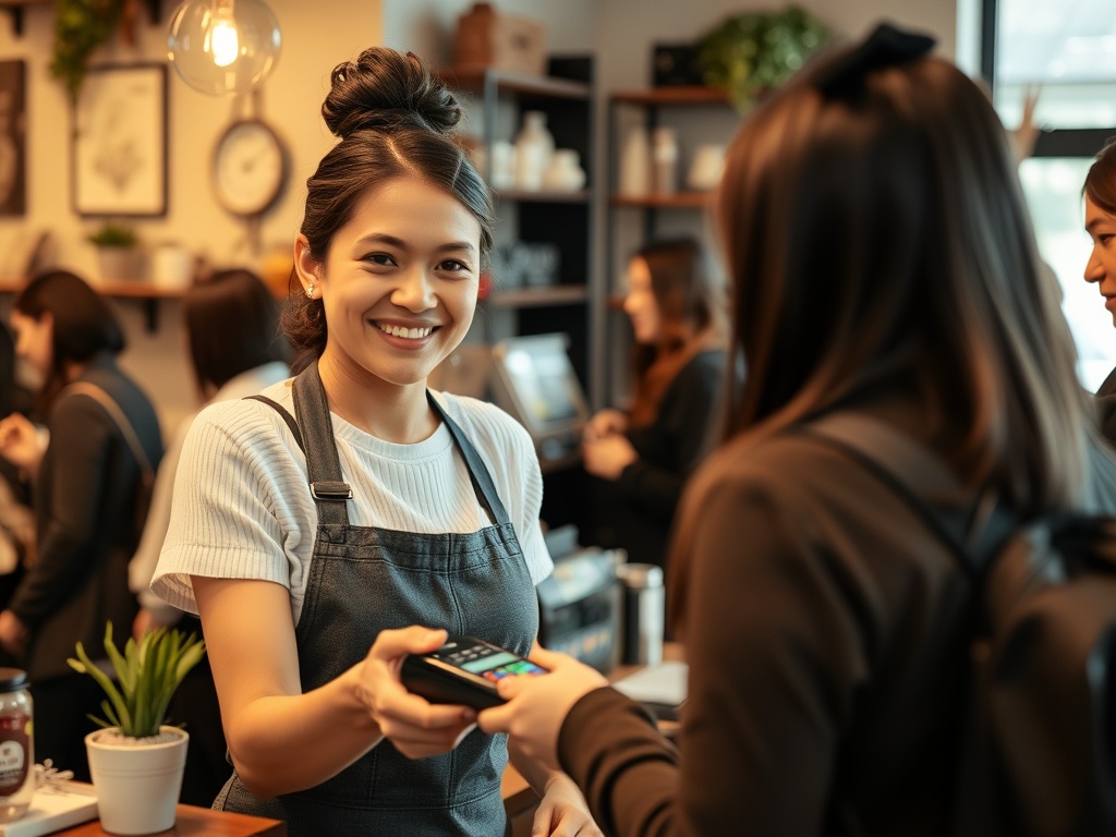 Small cafe cashier explaining card machine pricing and transaction fees to customer