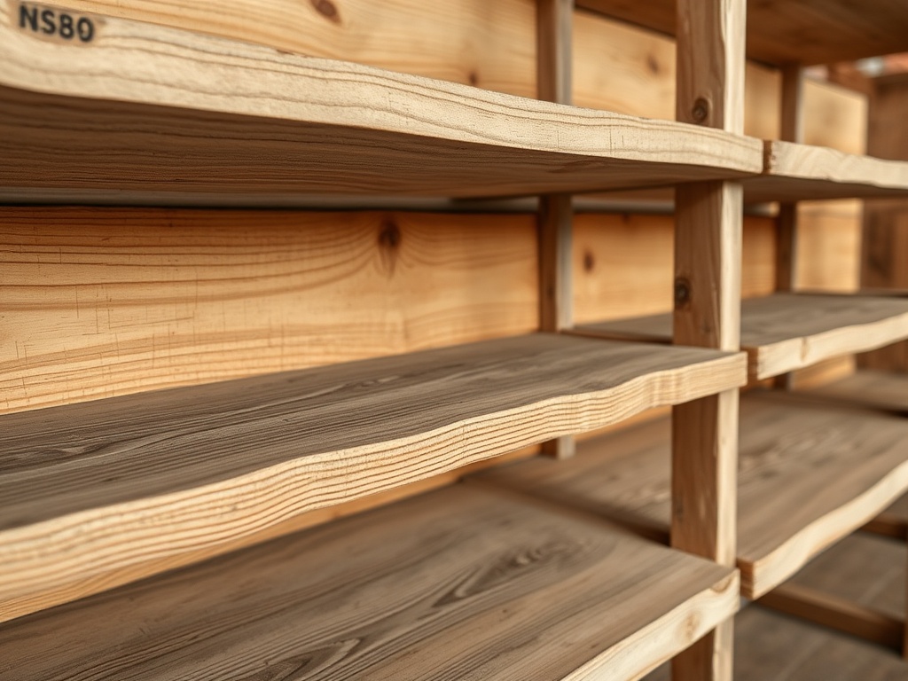 Close-up of weathered scaffold board grain used for shelving