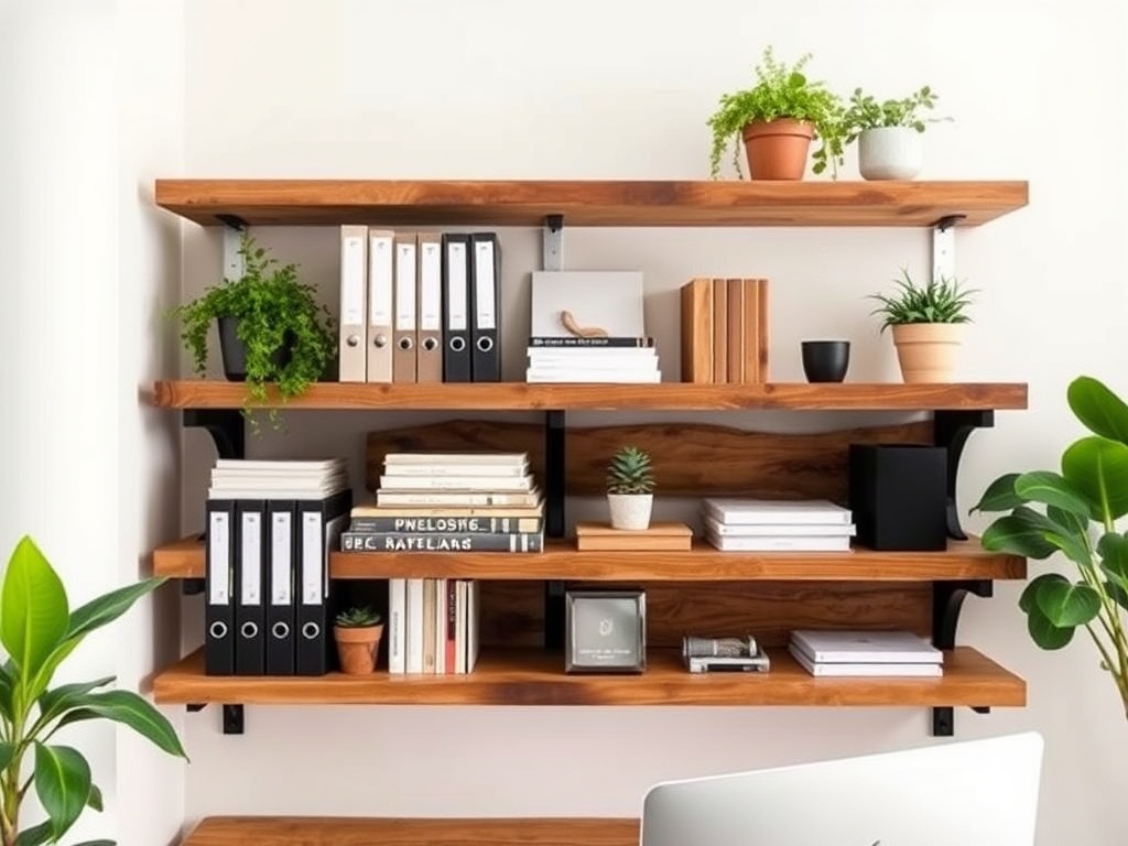 Custom-built scaffold board shelves mounted on a living room wall