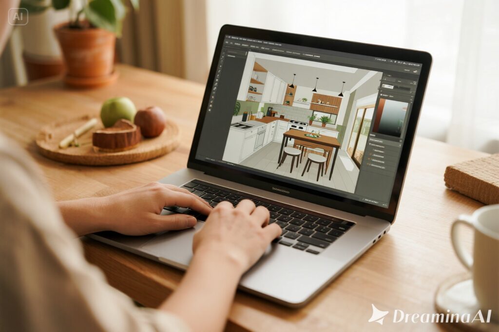 User designing their kitchen with an online 3D planner