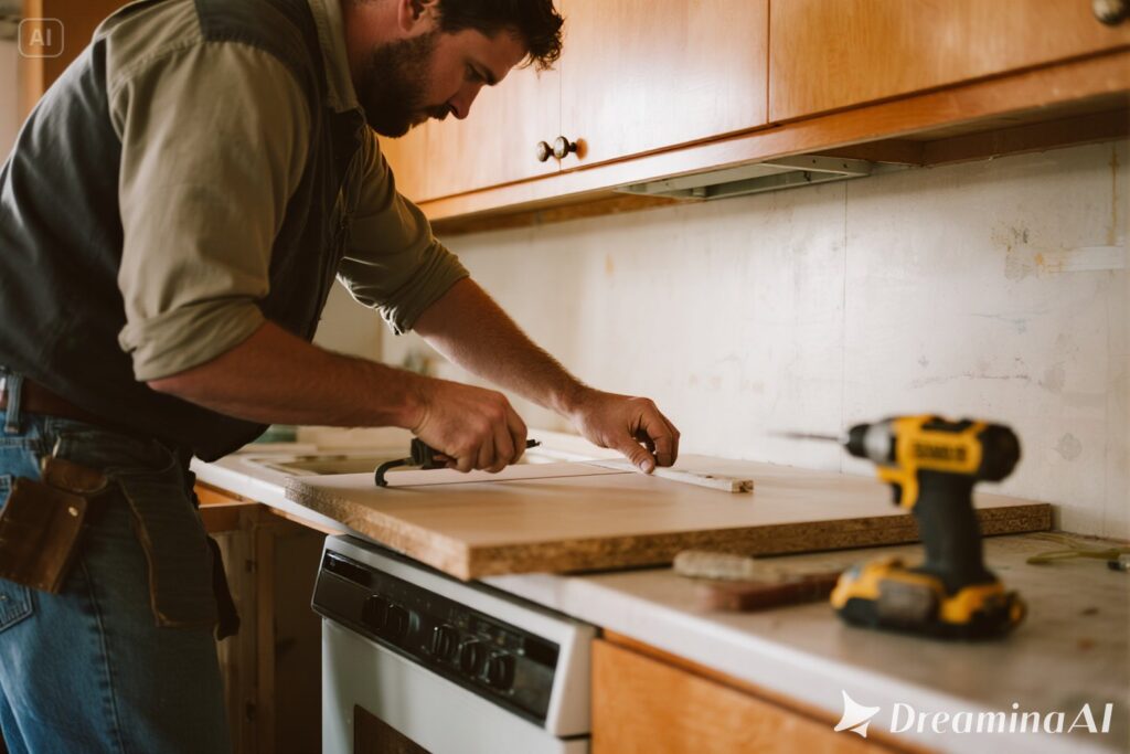 Homeowner installing a pre-assembled DIY kitchen unit