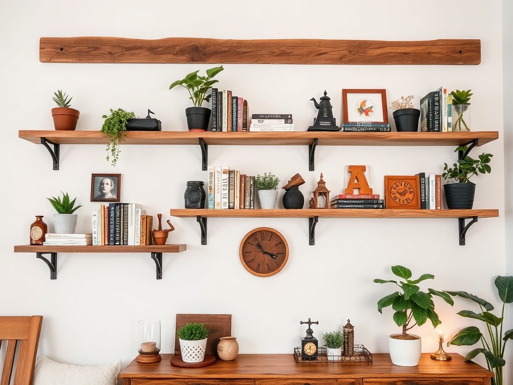 Rustic reclaimed scaffold board shelves in a cosy home interior