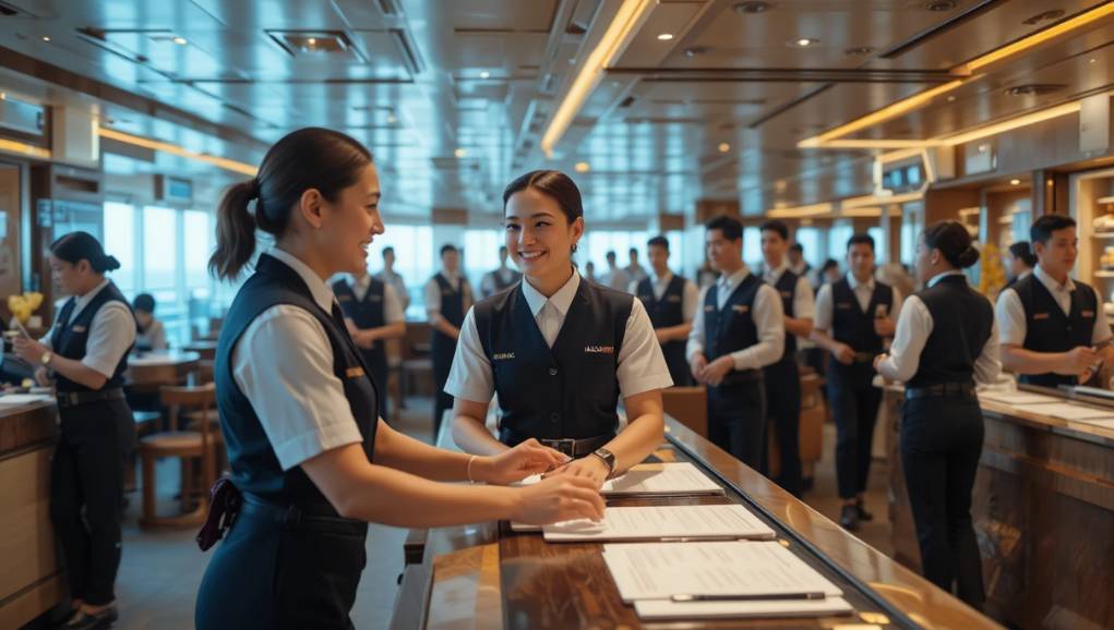 Cruise ship staff member serving guests in onboard cabin accommodation role