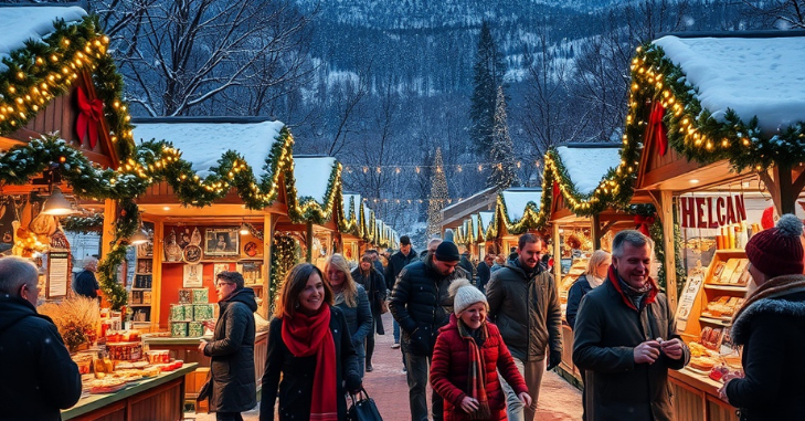 Festive Helen Christmas Market stalls glowing at dusk