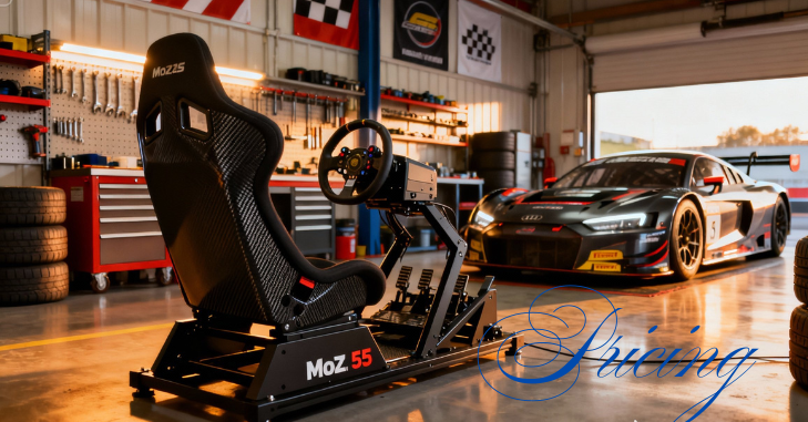 Moza R5 sim racing bundle setup with pedals and mount