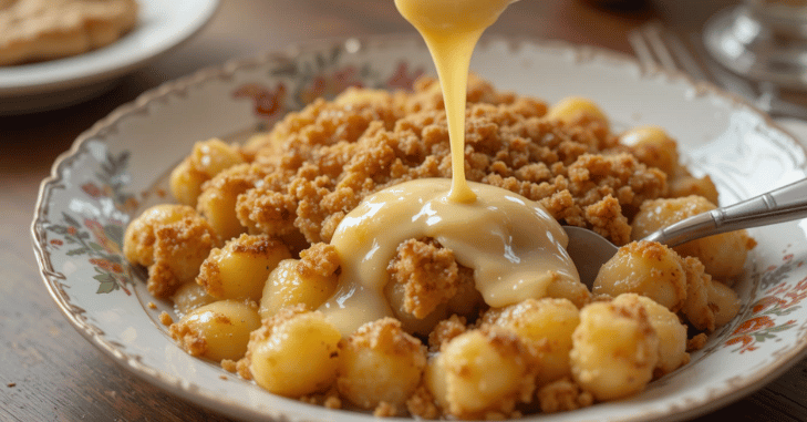 Mary Berry apple crumble served with custard