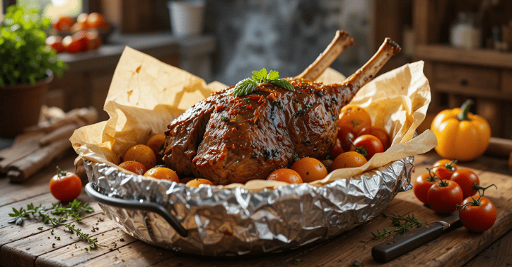 Lamb kleftiko wrapped in parchment before slow baking