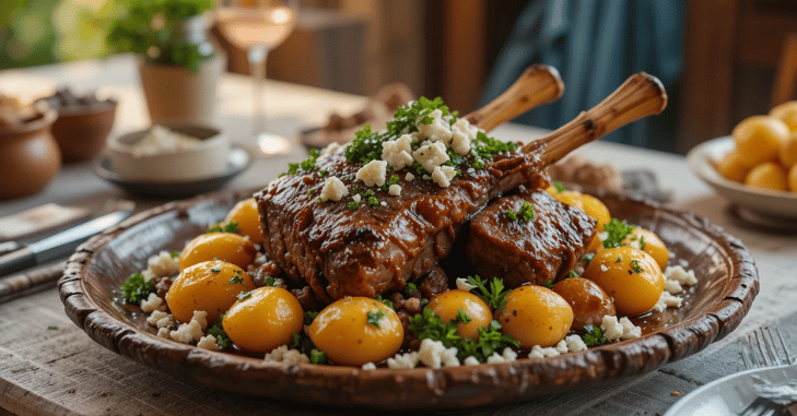 Lamb kleftiko ingredients including potatoes and Mediterranean herbs