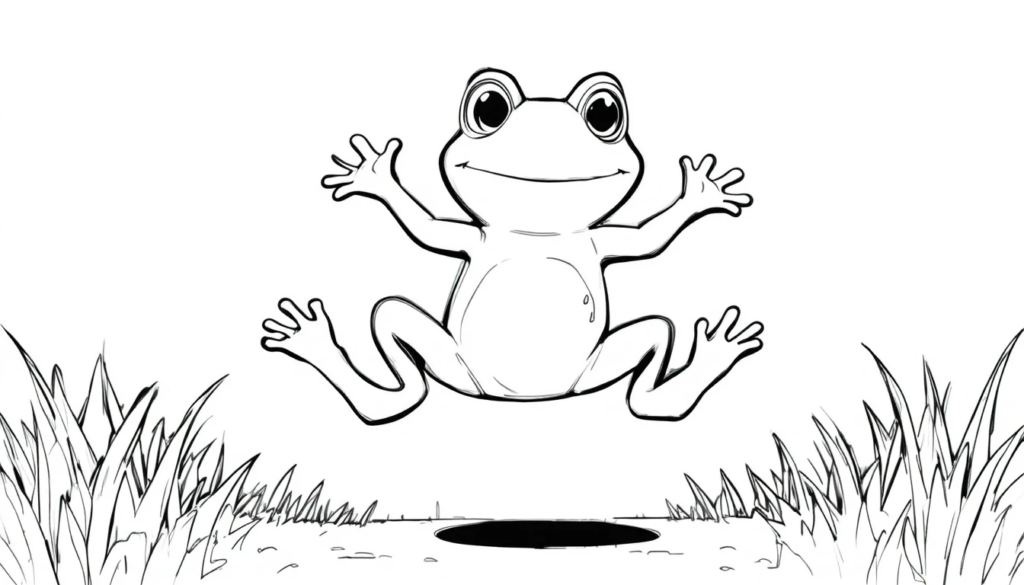 Detailed frog coloring page with pond and reeds background