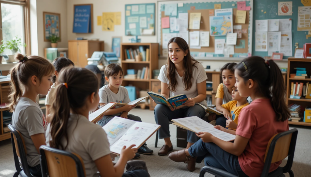 Teacher leading a guided reading activity with young students