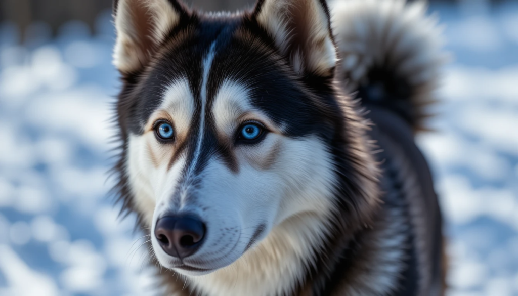 Siberian husky appearance with thick double coat and blue eyes