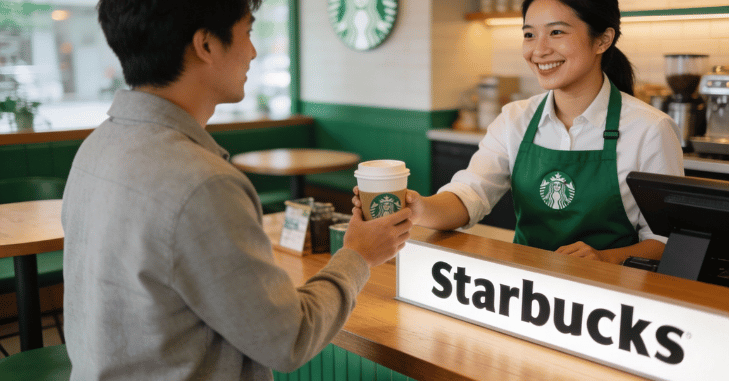 Friendly well-trained Starbucks baristas serving customers