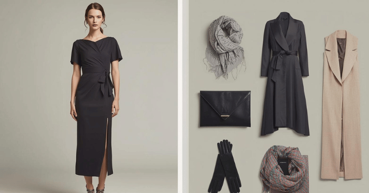 Midi wrap dress styled for a cold-weather wedding