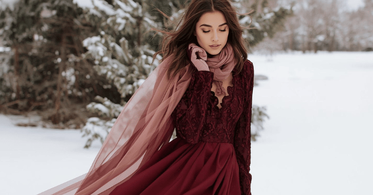Long-sleeve velvet dress ideal for a winter wedding