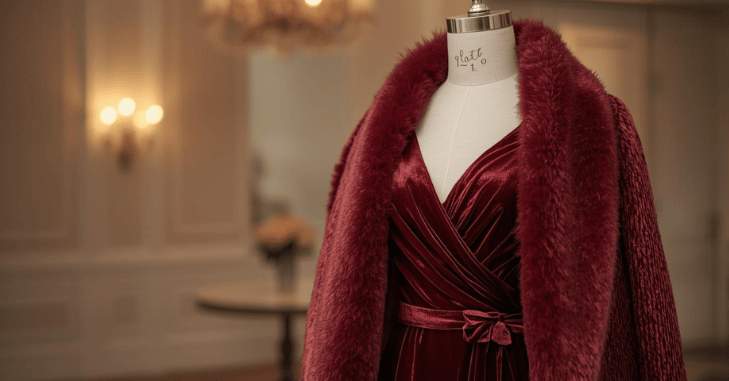 Burgundy winter wedding guest dress with elegant silhouette