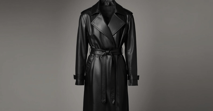 Sleek black leather trench coat showing classic structured silhouette