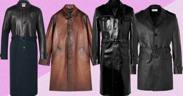 Stylish leather trench coat worn as a confident wardrobe statement