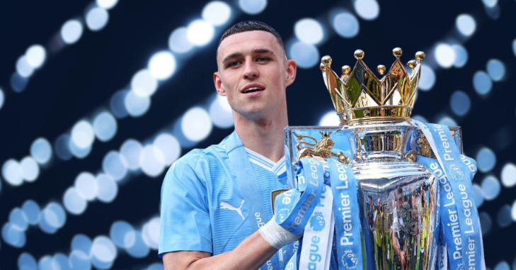 Phil Foden lifting a trophy reflecting his 45 million net worth success