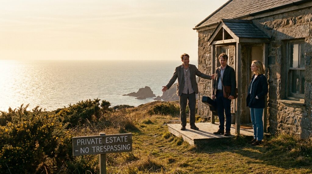 Remote island cottage reunion scene