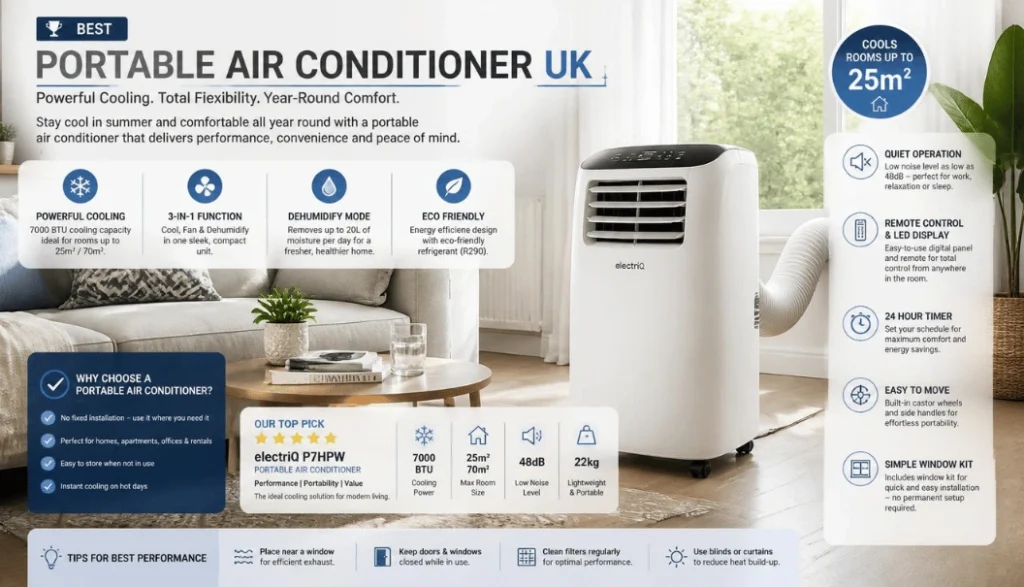 Best Portable Air Conditioner UK: 6 Top Cooling Picks for Bedrooms, Flats, Home Offices, Large Rooms