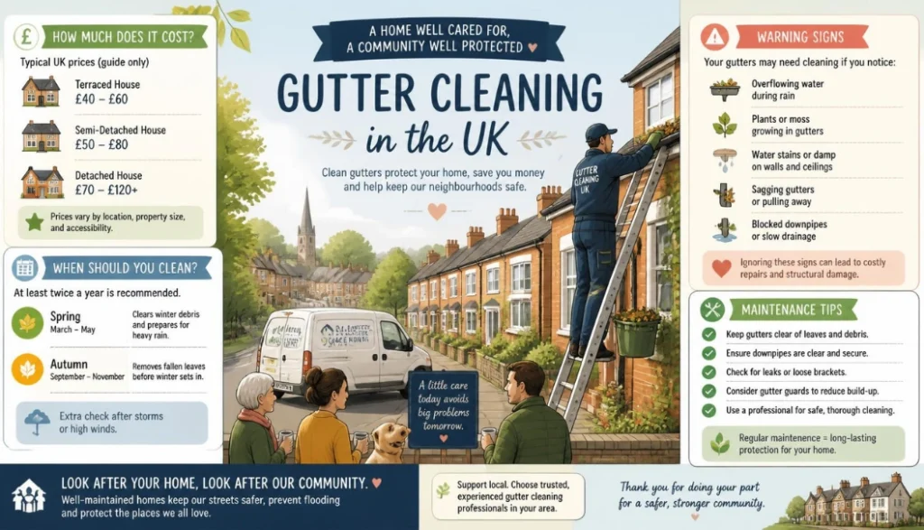 Gutter Cleaning in the UK: Costs, Timing, Warning Signs and Safe Maintenance